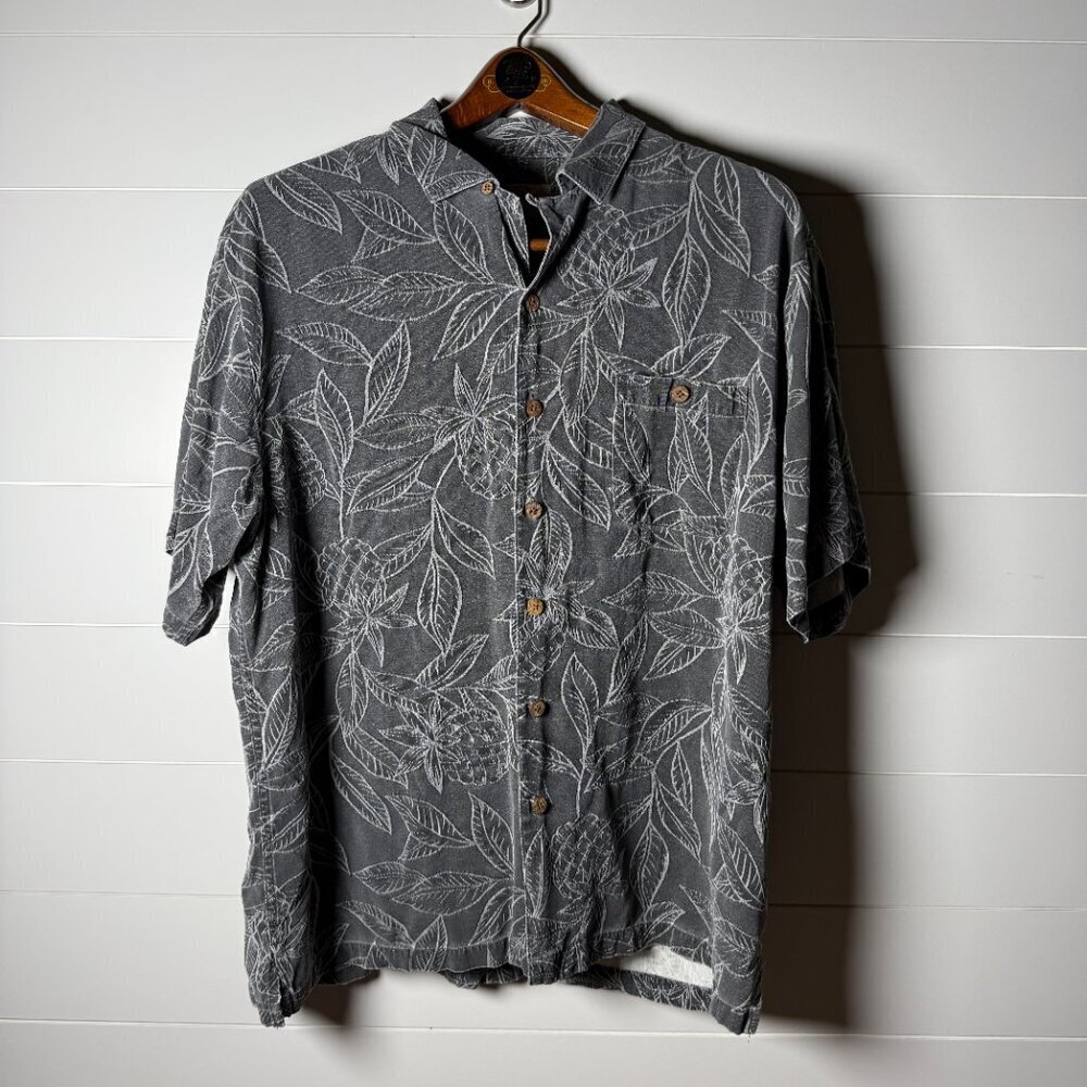 Island Shores Washable Silk Men's Short Sleeve Button Down Dark Gray Tropical XL